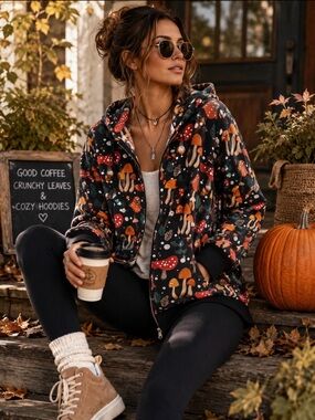 NWT Yak & Yeti Mushroom Print Zip Hoodie Boho Cottagecore L/XL